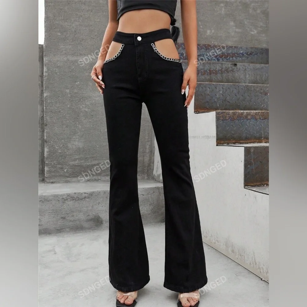 NWT women’s jeans cut out chain flare dark edgy steampunk festival‎ black